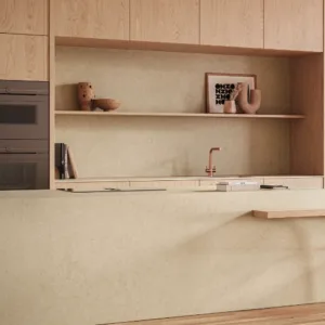 Modern kitchen featuring Caesarstone Marenstone worktop in a London home.