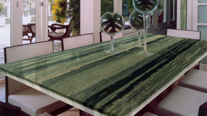 Flooring Dining table with Green Bamboo Quartzite top in a modern setting