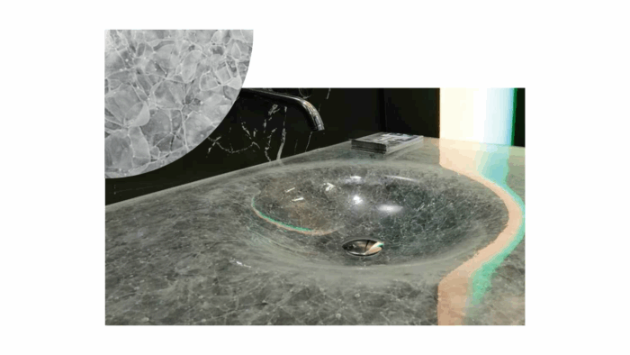 Flooring Elegant glass sink made from Magna Glaskeramik Ice Nugget in a modern kitchen setting.