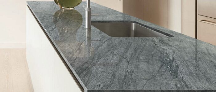 Flooring Kitchen countertop made from Acquarella Quartzite in a modern setting.