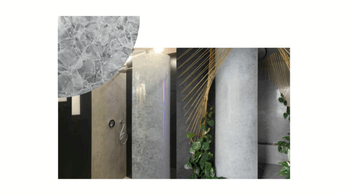 Tiles & Walls Stylish shower area featuring Magna Glaskeramik Ice Nugget panels, enhancing the bathroom's elegance.