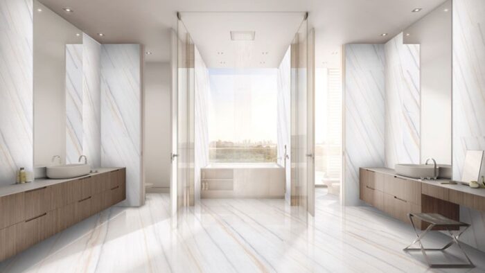 Flooring Luxurious bathroom interior featuring Bianco Lasa Marble in London, UK.