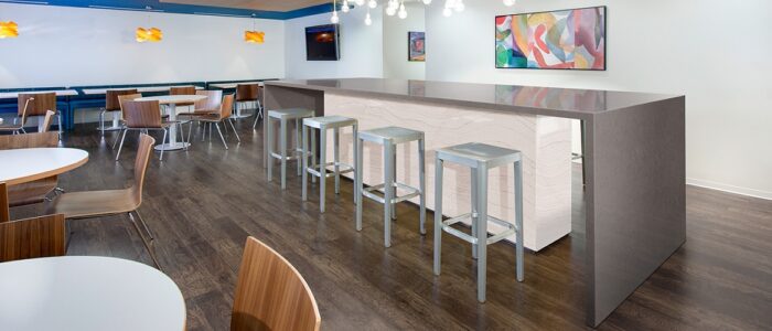Flooring Cambria Carrick Quartz worktop in a modern dining area in London.