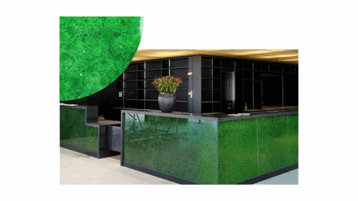 21-548c6b70-505e-11ed-b067-b33ce1018533 Reception desk featuring Magna Glaskeramik Green glass in a modern interior