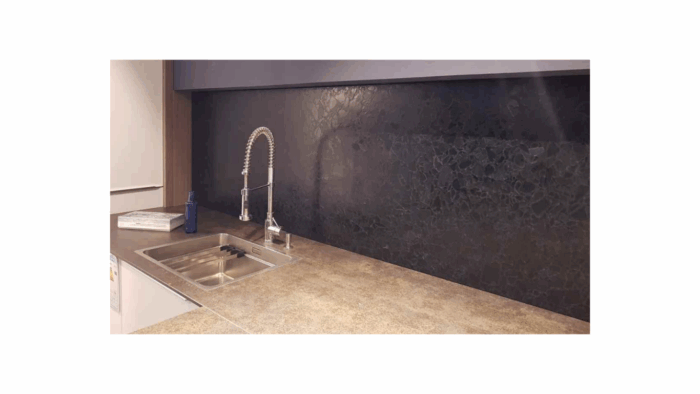 Flooring Black sintered glass kitchen worktop with sink in London home