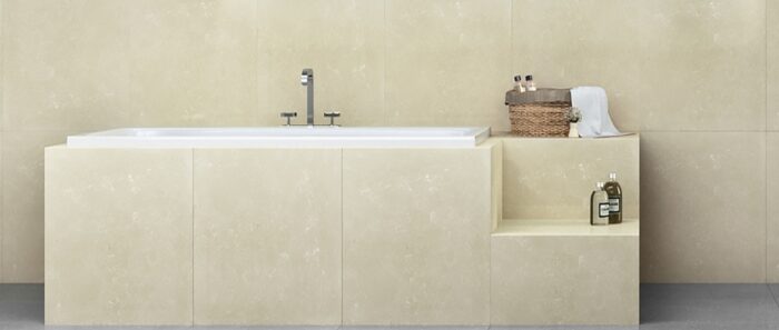 Flooring Bathroom design featuring Compac Albufera Stone in London