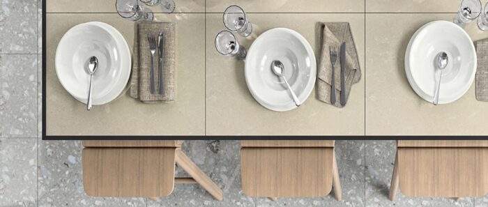 Flooring Dining setup on Compac Classic Grey Worktop in a modern kitchen setting.