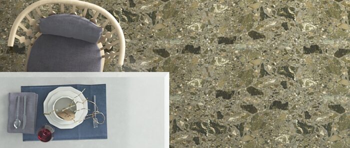 Flooring Dining area with Compac Classic Brown marble floor, showcasing elegance in a modern setting.