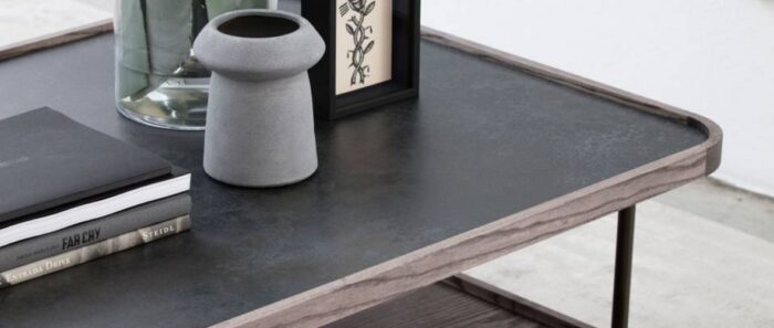 Flooring Laminam Nero ceramic table with modern decor in a London home