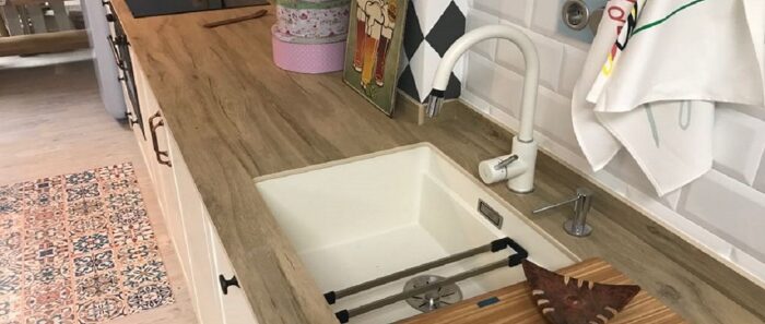 Flooring Kitchen countertop featuring Laminam Legno Venezia Sabbia in London