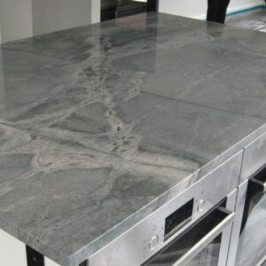 Atlantic Sky Blue Marble kitchen island in a modern London home
