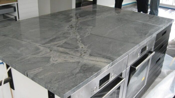 Flooring Atlantic Sky Blue Marble kitchen island in a modern London home