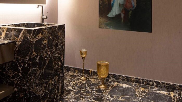 Flooring Bathroom sink and floor featuring elegant Portoro Marble in London