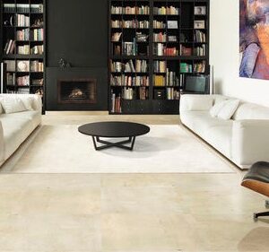 Luxurious living room with Crema Coto Marble flooring and a fireplace