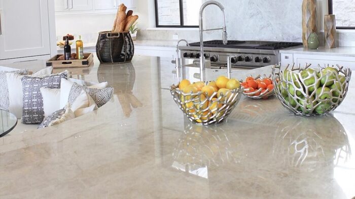 Flooring Modern kitchen featuring a Perla Venata Quartzite worktop with elegant decor.