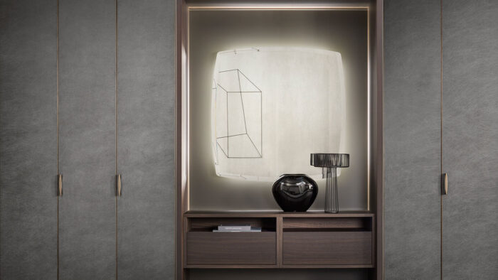 Tiles & Walls Contemporary interior with Laminam Seta Gris panels and decorative elements.