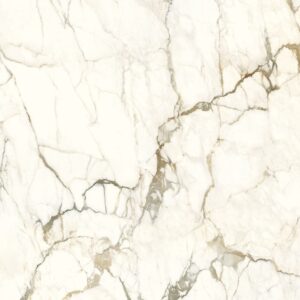 Close-up of Calacatta Macchia Vecchia marble with grey, beige, and golden veins.