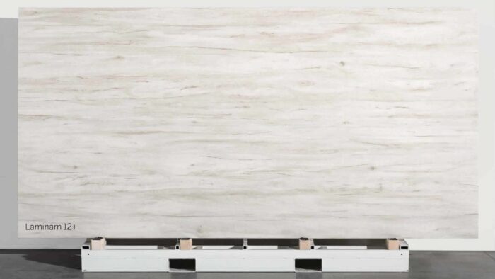 Tiles & Walls Full view of Laminam Legno Venezia Corda ceramic slab on display.