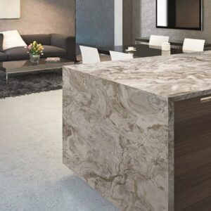 Modern kitchen island featuring Lungomare Quartzite surface in a stylish London home.
