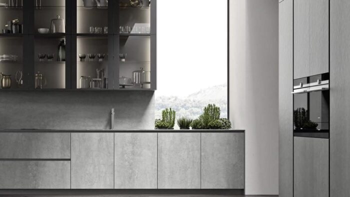 Flooring Modern kitchen with Laminam Pietra Di Savoia Grigia countertops in London home