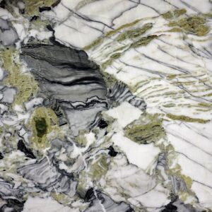 Close-up of Primavera Marble with olive, grey, white, and black patterns
