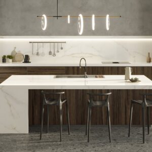 Modern kitchen featuring Calacatta Apuano marble worktop in a London home