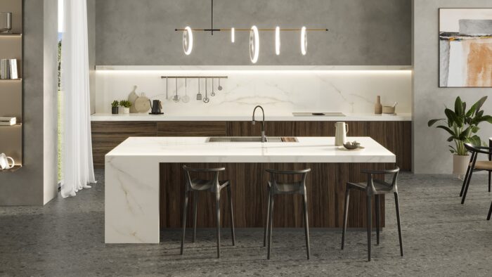 Flooring Modern kitchen featuring Calacatta Apuano marble worktop in a London home