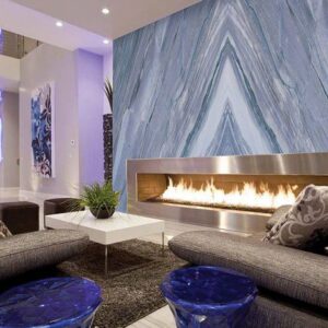 Luxurious living room with Azul Imperial quartzite feature wall