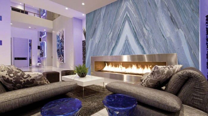 Tiles & Walls Luxurious living room with Azul Imperial quartzite feature wall
