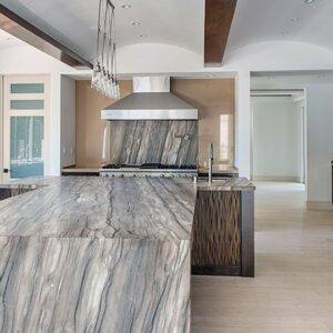 Modern kitchen featuring Sequoia Brown Quartzite island in London, UK