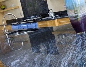 Kitchen countertop featuring Bross Blue Granite with elegant veining