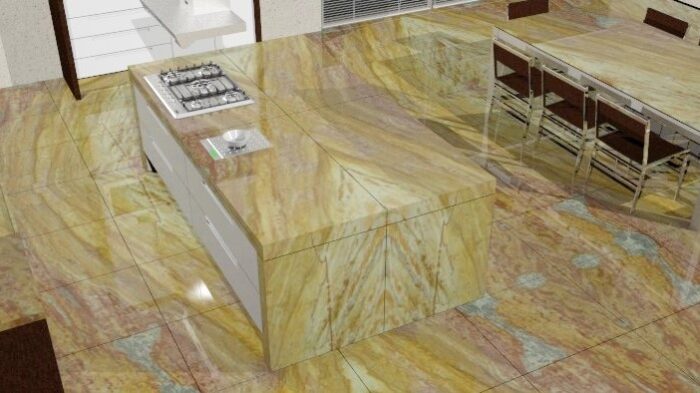 Tiles & Walls Kitchen island and floor made with Gold Calypso Quartzite in London