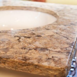 Detailed view of Cambria Buckingham Quartz worktop edge and surface.