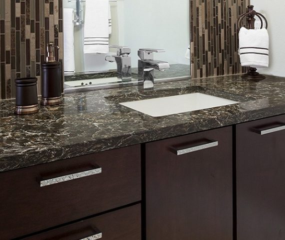 Flooring Cambria Laneshaw Quartz bathroom countertop in a modern setting