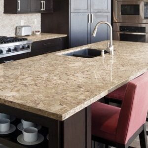 Spacious kitchen island featuring Cambria Nevern Quartz in a contemporary home.
