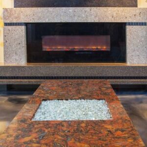 Cambria Rosslyn Quartz fireplace surround in a stylish living room