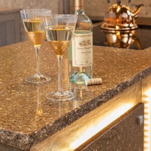 Cambria Rosslyn Quartz kitchen countertop with wine glasses in London