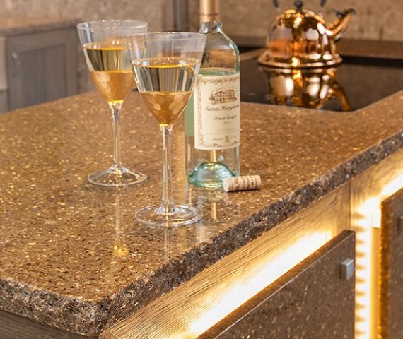 Tiles & Walls Cambria Rosslyn Quartz kitchen countertop with wine glasses in London