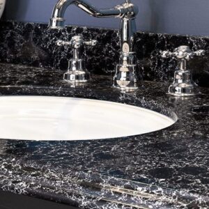 Cambria Sharpham Quartz countertop with sink in a stylish bathroom