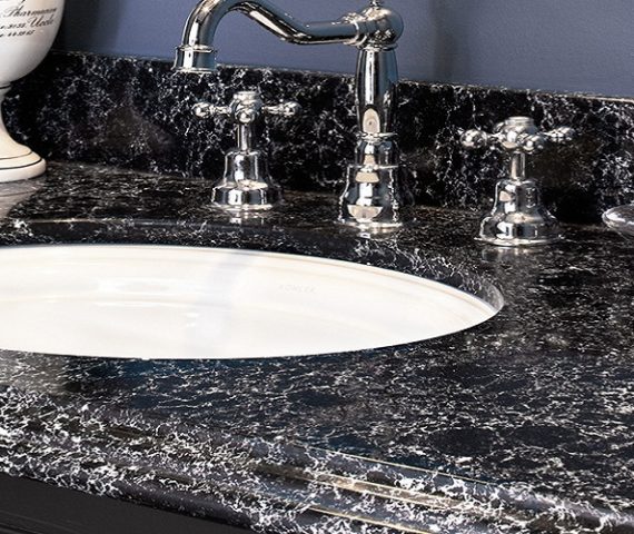 Flooring Cambria Sharpham Quartz countertop with sink in a stylish bathroom