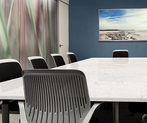 Flooring Modern office meeting room with Cambria Swanbridge Quartz table in London.
