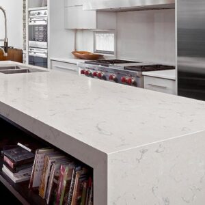 Stylish kitchen island featuring Cambria Swanbridge Quartz in a contemporary setting.