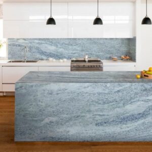 Modern kitchen featuring Sky Blue Marble worktop in London