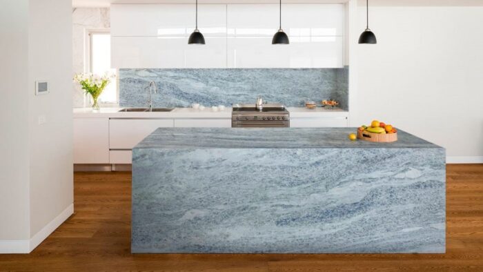 Flooring Modern kitchen featuring Sky Blue Marble worktop in London