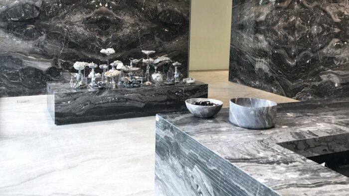 Flooring Luxurious interior featuring Arabescato Orobico Marble surfaces in a modern setting.