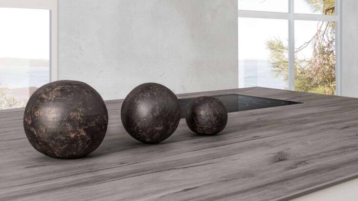 Tiles & Walls Modern kitchen featuring Laminam Legno Venezia Fumo worktop with decorative elements