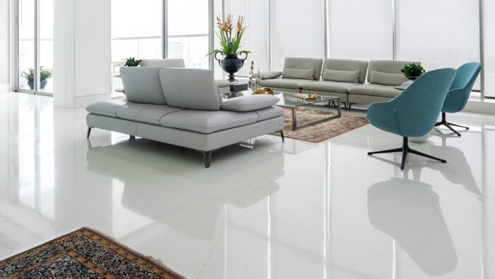 Flooring Modern living room with Thassos Marble flooring in London