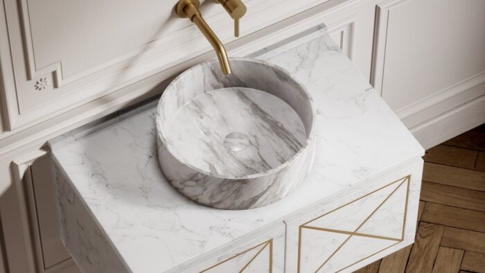 Flooring Volakas Marble vanity unit with a round basin in a luxurious bathroom