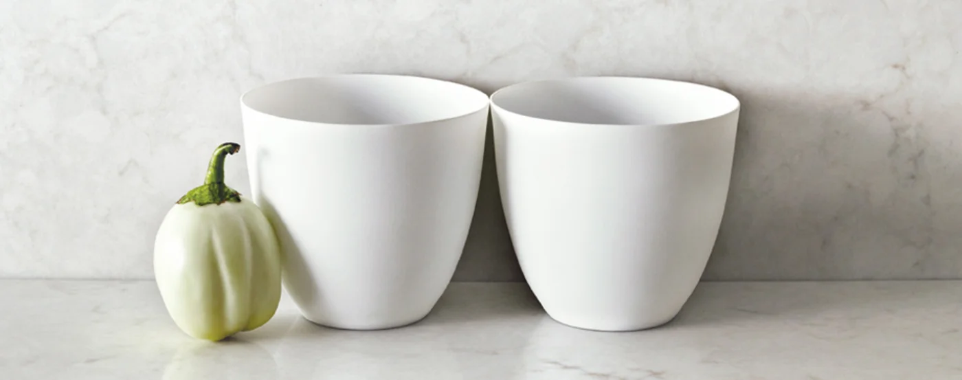 White pots on Caesarstone Frosty Carrina worktop