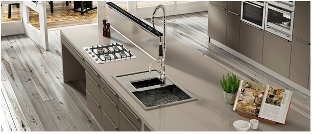 Modern minimalist kitchen with Silestone worktop and integrated sink